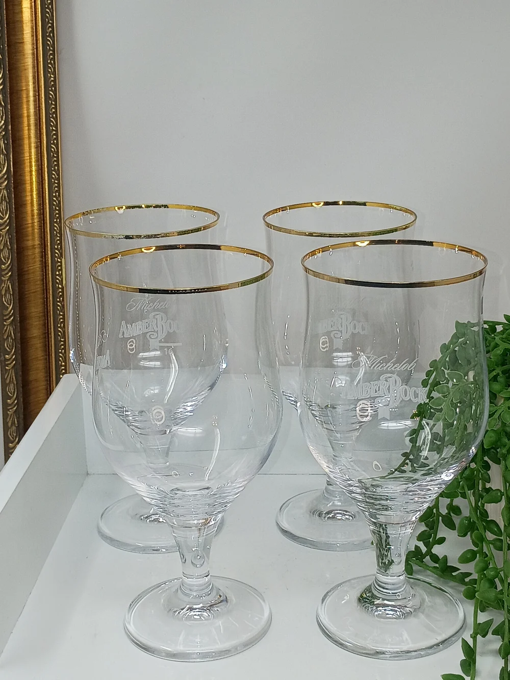 Set of Four Michelob Amber Bock Gold Rim Goblet Glasses
